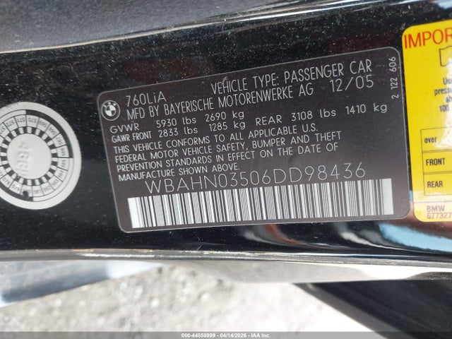 Продажа на аукционе авто 2006 Bmw 760li, vin: WBAHN03506DD98436, номер лота: 44858999