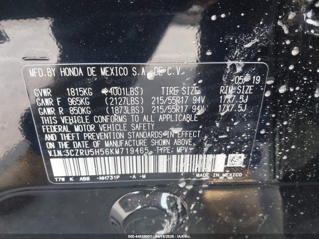 44859001 :رقم المزاد ، 3CZRU5H56KM719465 vin ، 2019 Honda Hr-v Ex مزاد بيع