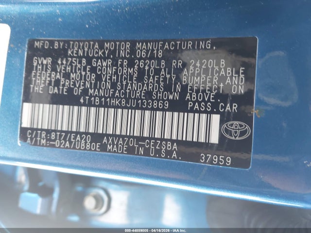 4T1B11HK8JU133869 Toyota CAMRY SE