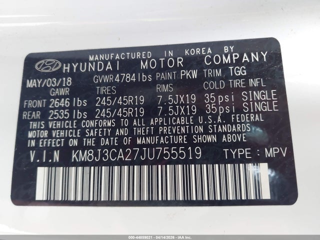 Aukcja sprzedaży 2018 Hyundai Tucson Value, vin: KM8J3CA27JU755519, numer aukcji: 44859021