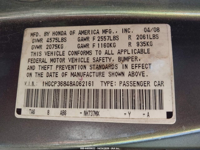 2008 Honda Accord 3.5 Ex-l მანქანა იყიდება აუქციონზე, vin: 1HGCP36848A062161, აუქციონის ნომერი: 44859022