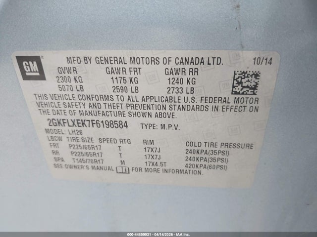 Aukcja sprzedaży 2015 Gmc Terrain Slt-1, vin: 2GKFLXEK7F6198584, numer aukcji: 44859031
