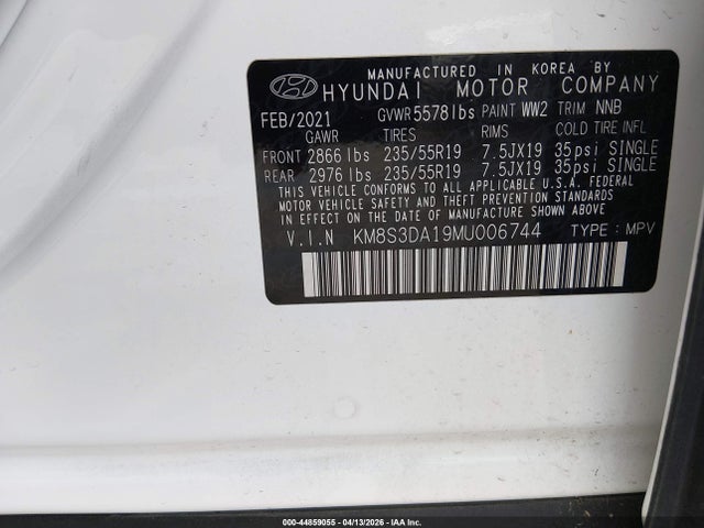 Продажа на аукционе авто 2021 Hyundai Santa Fe Hybrid Sel Premium, vin: KM8S3DA19MU006744, номер лота: 44859055