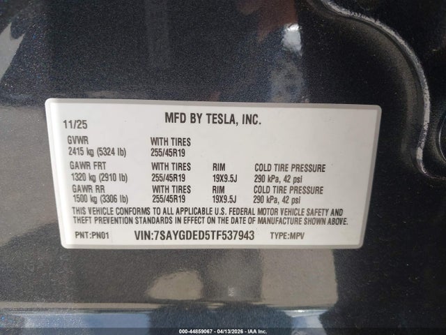 Aukcja sprzedaży 2026 Tesla Model Y Premium Rear-wheel Drive/standard Rear-wheel Drive, vin: 7SAYGDED5TF537943, numer aukcji: 44859067
