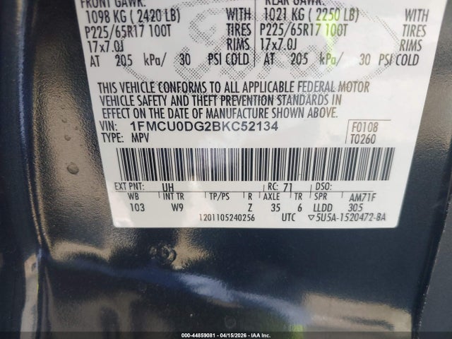 2011 Ford Escape Xlt მანქანა იყიდება აუქციონზე, vin: 1FMCU0DG2BKC52134, აუქციონის ნომერი: 44859081