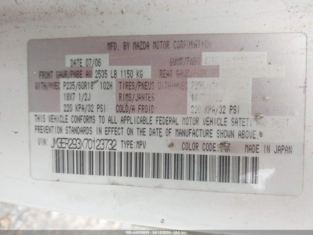 44859089 :رقم المزاد ، JM3ER293X70123732 vin ، 2007 Mazda Cx-7 Sport مزاد بيع
