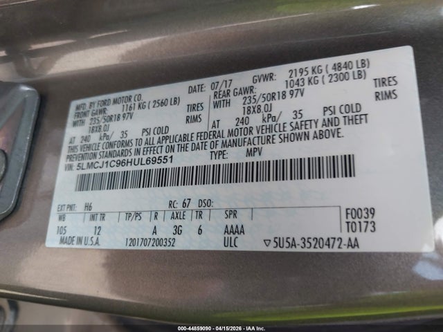 44859090 :رقم المزاد ، 5LMCJ1C96HUL69551 vin ، 2017 Lincoln Mkc Premiere مزاد بيع