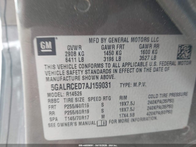 44859091 :رقم المزاد ، 5GALRCED7AJ159031 vin ، 2010 Buick Enclave 2xl مزاد بيع