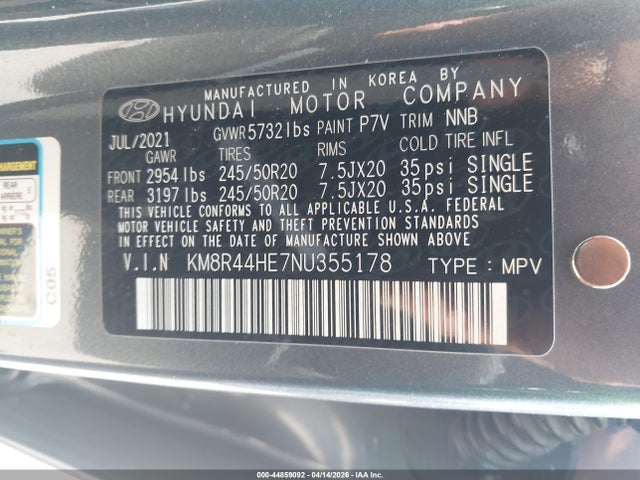 44859092 :رقم المزاد ، KM8R44HE7NU355178 vin ، 2022 Hyundai Palisade Sel مزاد بيع