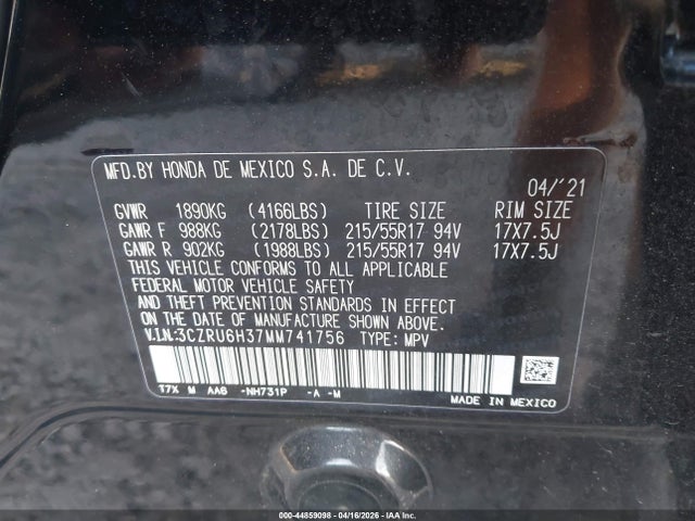 3CZRU6H37MM741756 Honda Hr-v Awd Lx