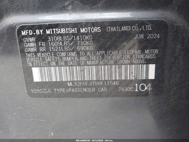 44859100 :رقم المزاد ، ML32FUFJ7RHF11546 vin ، 2024 Mitsubishi Mirage G4 Black Edition/es/le مزاد بيع