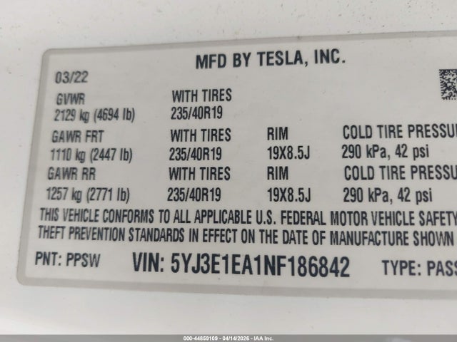 Aukcja sprzedaży 2022 Tesla Model 3 Rear-wheel Drive, vin: 5YJ3E1EA1NF186842, numer aukcji: 44859109