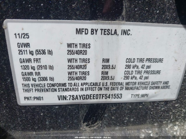 Продаж на аукціоні авто 2026 Tesla Model Y All-wheel Drive/long Range Launch Series/premium All-wheel Drive, vin: 7SAYGDEE0TF541553, номер лоту: 44859111