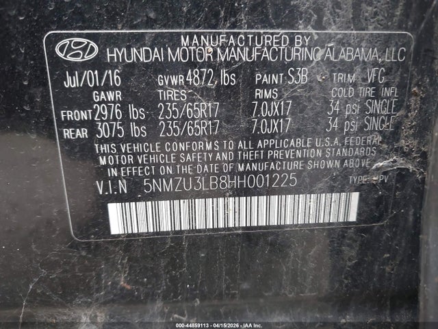 44859113 :رقم المزاد ، 5NMZU3LB8HH001225 vin ، 2017 Hyundai Santa Fe Sport 2.4l مزاد بيع