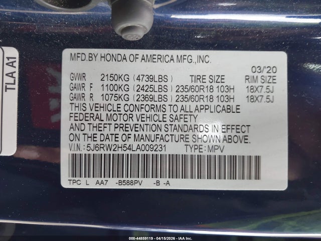 Honda Cr-v Awd Ex 2020 5J6RW2H54LA009231 Image 9