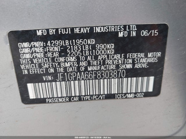 Продажа на аукционе авто 2015 Subaru Impreza 2.0i, vin: JF1GPAA66F8303870, номер лота: 44859123