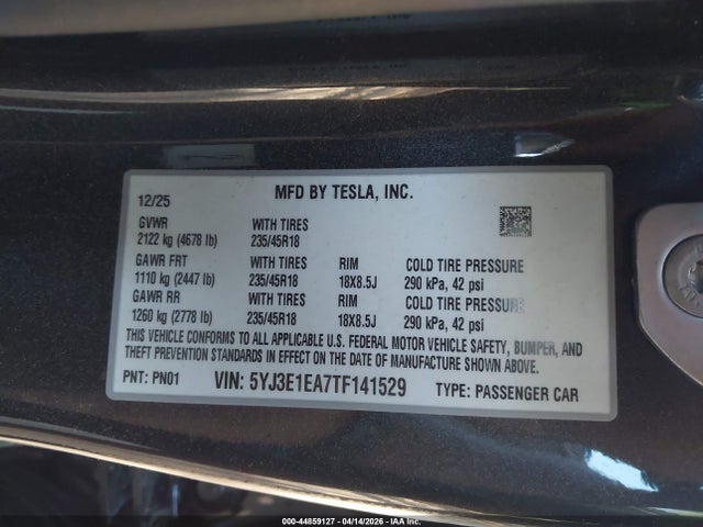 44859127 :رقم المزاد ، 5YJ3E1EA7TF141529 vin ، 2026 Tesla Model 3 Premium Rear-wheel Drive/standard Rear-wheel Drive مزاد بيع