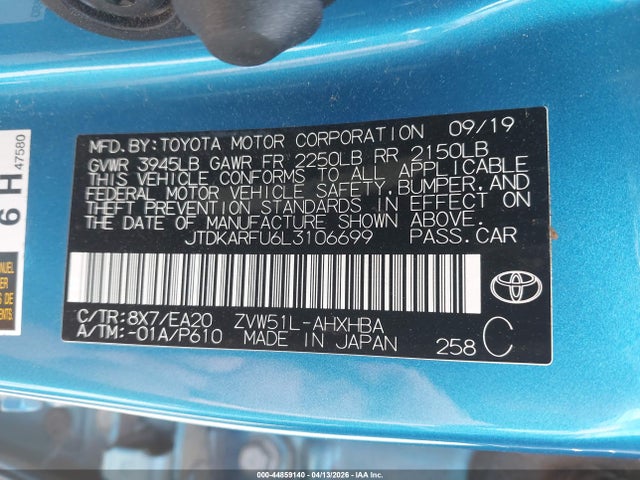 Aukcja sprzedaży 2020 Toyota Prius Xle, vin: JTDKARFU6L3106699, numer aukcji: 44859140