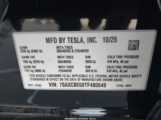 44859145 :رقم المزاد ، 7SAXCBE68TF480649 vin ، 2026 Tesla Model X Plaid مزاد بيع