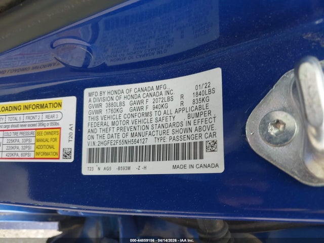 Aukcja sprzedaży 2022 Honda Civic Sport, vin: 2HGFE2F55NH564127, numer aukcji: 44859156