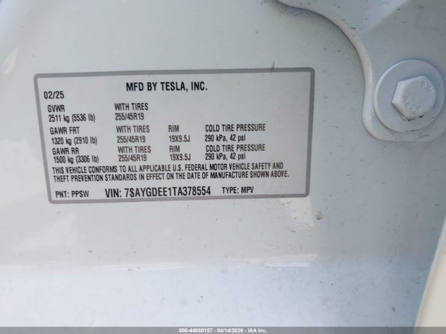 44859157 :رقم المزاد ، 7SAYGDEE1TA378554 vin ، 2026 Tesla Model Y All-wheel Drive/long Range Launch Series/premium All-wheel Drive مزاد بيع