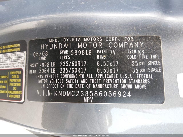 Продаж на аукціоні авто 2008 Hyundai Entourage Gls/limited, vin: KNDMC233586056924, номер лоту: 44859158