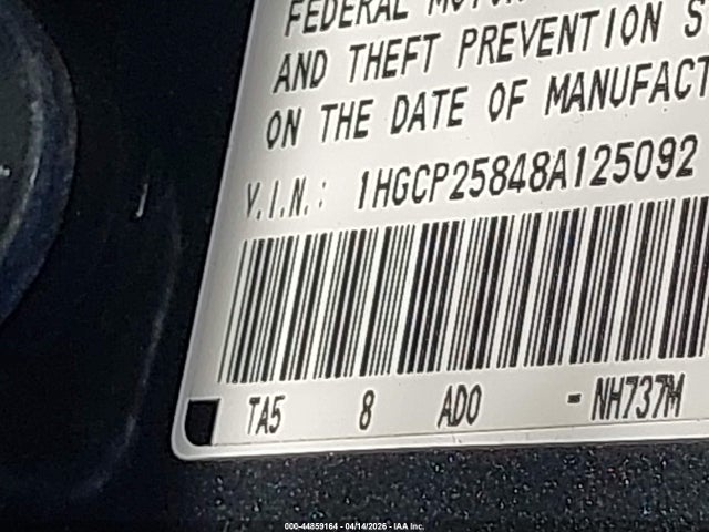 44859164 :رقم المزاد ، 1HGCP25848A125092 vin ، 2008 Honda Accord 2.4 Ex-l مزاد بيع