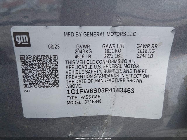 1G1FW6S03P4183463 Chevrolet Bolt Ev Fwd 1lt