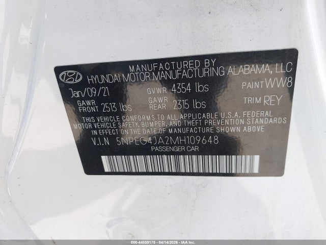 2021 Hyundai Sonata Se მანქანა იყიდება აუქციონზე, vin: 5NPEG4JA2MH109648, აუქციონის ნომერი: 44859175