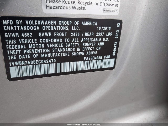 44859186 :رقم المزاد ، 1VWBN7A35EC042470 vin ، 2014 Volkswagen Passat 2.0l Tdi Se مزاد بيع