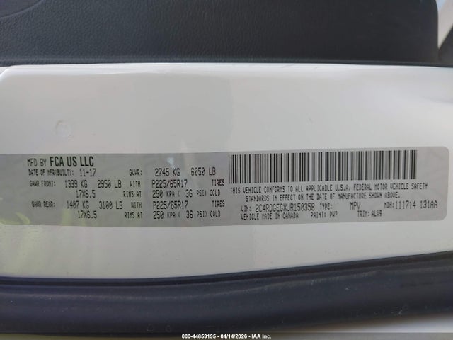 Продажа на аукционе авто 2018 Dodge Grand Caravan Gt, vin: 2C4RDGEGXJR150358, номер лота: 44859195
