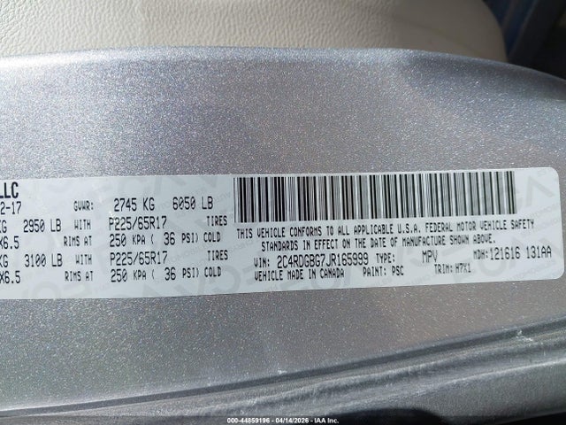 2C4RDGBG7JR165999 Dodge Grand Caravan Se