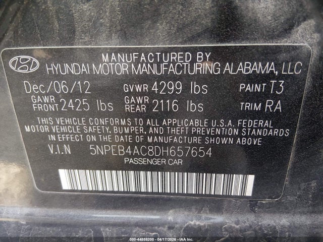 Aukcja sprzedaży 2013 Hyundai Sonata Gls, vin: 5NPEB4AC8DH657654, numer aukcji: 44859200