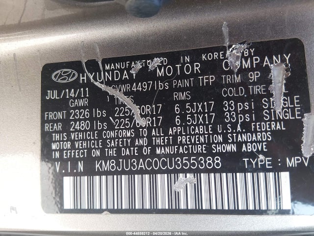 Продажа на аукционе авто 2012 Hyundai Tucson Gls, vin: KM8JU3AC0CU355388, номер лота: 44859212