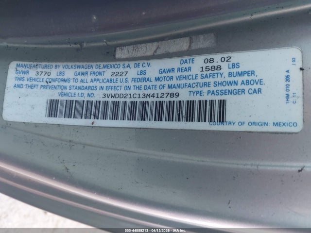 2003 Volkswagen New Beetle Glx მანქანა იყიდება აუქციონზე, vin: 3VWDD21C13M412789, აუქციონის ნომერი: 44859213