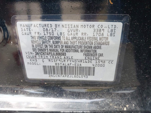Продаж на аукціоні авто 2018 Nissan Versa 1.6 S, vin: 3N1CN7AP2JL806593, номер лоту: 44859216