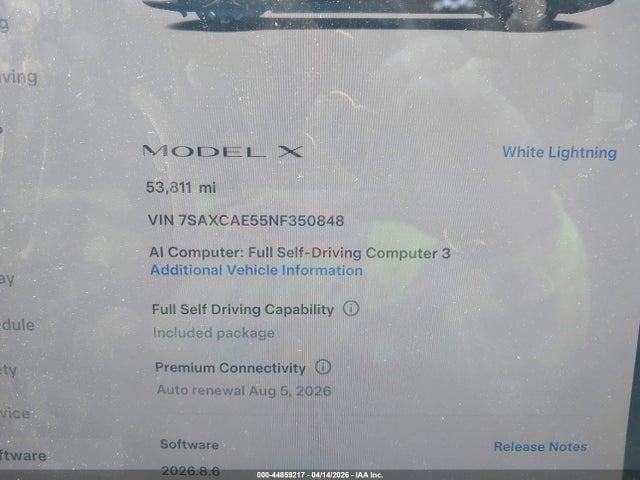 2022 Tesla Model X Dual Motor All-wheel Drive მანქანა იყიდება აუქციონზე, vin: 7SAXCAE55NF350848, აუქციონის ნომერი: 44859217