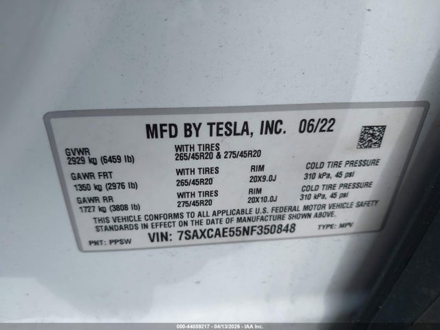 2022 Tesla Model X Dual Motor All-wheel Drive მანქანა იყიდება აუქციონზე, vin: 7SAXCAE55NF350848, აუქციონის ნომერი: 44859217