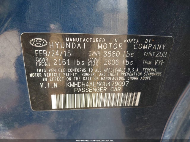 Продажа на аукционе авто 2016 Hyundai Elantra Se, vin: KMHDH4AE8GU479097, номер лота: 44859223