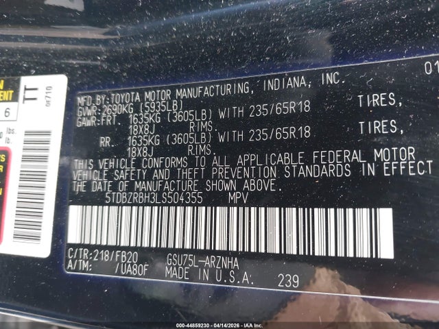 Продаж на аукціоні авто 2020 Toyota Highlander Le, vin: 5TDBZRBH3LS504355, номер лоту: 44859230