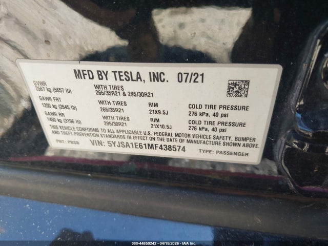 Aukcja sprzedaży 2021 Tesla Model S Plaid Tri Motor All-wheel Drive, vin: 5YJSA1E61MF438574, numer aukcji: 44859242