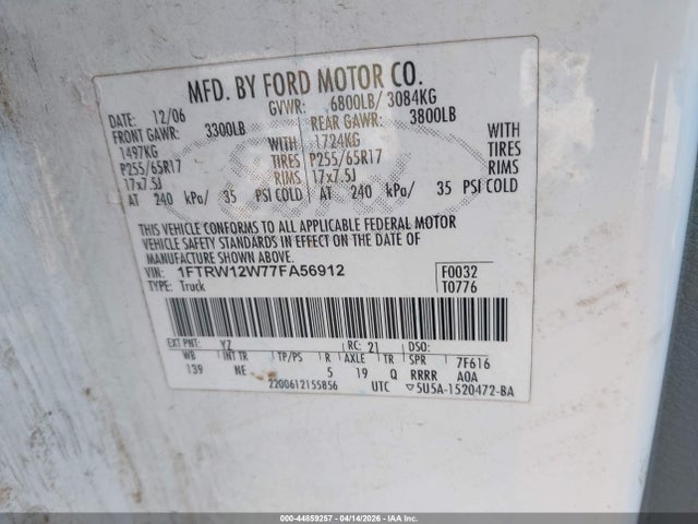 2007 Ford F-150 Xlt მანქანა იყიდება აუქციონზე, vin: 1FTRW12W77FA56912, აუქციონის ნომერი: 44859257
