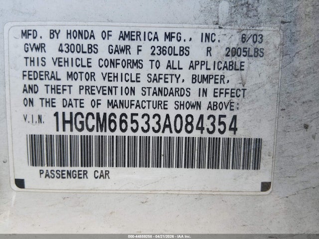 Продаж на аукціоні авто 2003 Honda Accord 3.0 Ex, vin: 1HGCM66533A084354, номер лоту: 44859258