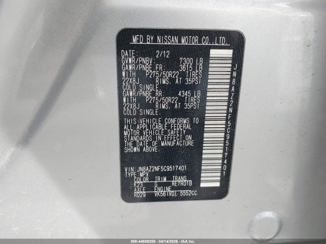 Aukcja sprzedaży 2012 Infiniti Qx56, vin: JN8AZ2NF5C9517401, numer aukcji: 44859259