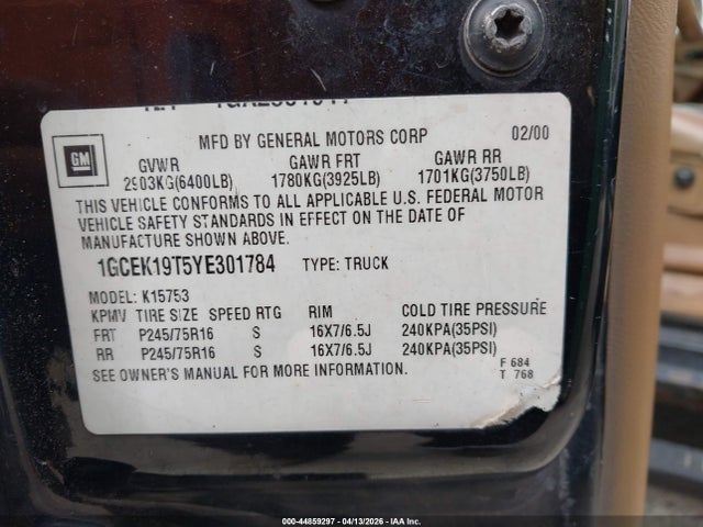 Продажа на аукционе авто 2000 Chevrolet Silverado 1500 Lt, vin: 1GCEK19T5YE301784, номер лота: 44859297