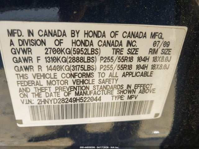 44859306 :رقم المزاد ، 2HNYD28249H522044 vin ، 2009 Acura Mdx مزاد بيع