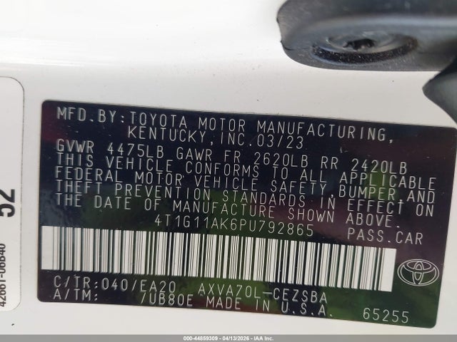 Auction sale of the 2023 Toyota Camry Se, vin: 4T1G11AK6PU792865, lot number: 44859309