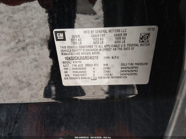 44859322 :رقم المزاد ، 1GKS2CKJ5GR245218 vin ، 2016 Gmc Yukon Denali مزاد بيع