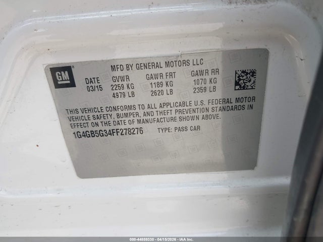 Auction sale of the 2015 Buick Lacrosse Leather, vin: 1G4GB5G34FF278276, lot number: 44859330