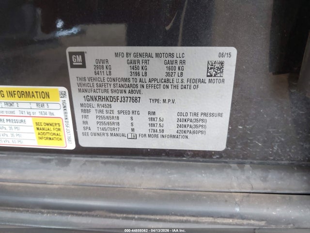 Chevrolet Traverse 2lt 2015 1GNKRHKD5FJ377687 Image 9
